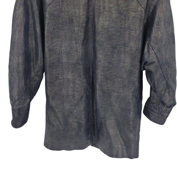 Vtg 80s Genuine Leather Jacket Sz L Black Oil Slick Textured Batwing Oversized - Picture 11 of 12